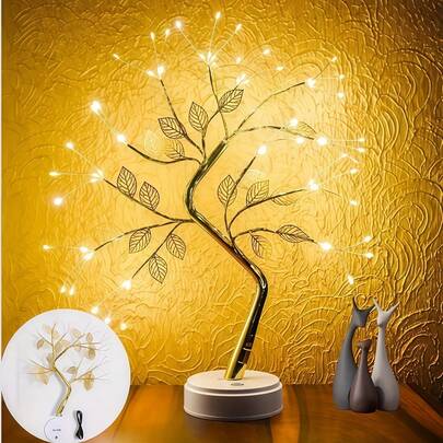 108颗LED金色枝条盆景树灯，高度可调节，按钮控制，USB/电池双供电，暖白光，适用于卧室、客厅、派对、婚礼、情人节、斋月、桌面装饰、节日照明（不含电池）