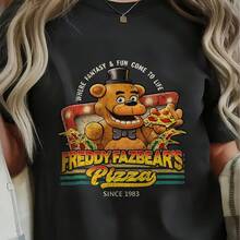 Fazbear's Pizza Graphic T - Shirt For Men Women, Retro 1983  Fazbear Design With Black Top Hat, Bow Tie, Pepperoni Pizza Print - Casual Short Sleeve Tee, Perfect For FNAF Fans, Wavy Blonde Hair Character - Inspired T - ShirtValentine Gift, Valentine Days,Going Out Tops,Vintage,Summer Outfits For Women,T-Shirt - 黑色 - 查看 7
