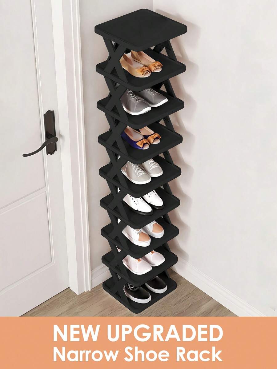 9/6 Tier Vertical Shoe Stand Space Saving Narrow Shoe Rack, Small Shoe Shelf, DIY Free Standing Shoes Storage Organizer For Entryway, Closet, Hallway, Easy Assembly And Stable In Structure, Black & White, Plastic Material, Consumables - Nâng cấp màu đen - Xem 1