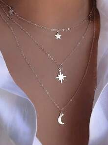 1pc Minimalist Chic Star & Moon Pendant Necklace, Silver-Tone Multi-Layer Chain Suitable For Daily, Casual, Work, Date, Holiday, Party Wear, Ramadan, Birthday Gift - Silver - View 4