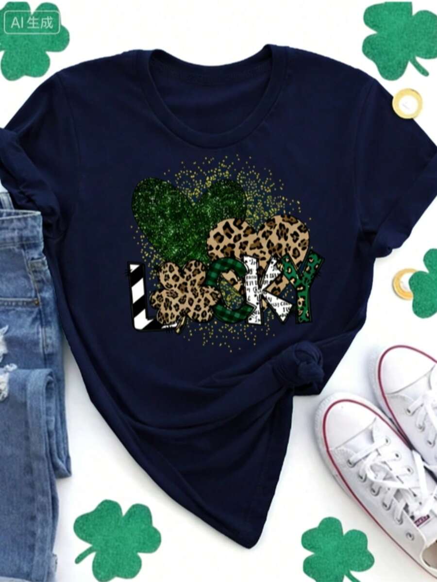 Shiny Clover Pattern Leopard Print "LUCKY" Letter Print + Small Size Short Sleeve Women's Top + Plus Size Short Sleeve Women's Top + Fashion Round Neck T-Shirt, Spring Summer Women's Top-Valentine Gift ST Patrick' S Day - 藏蓝色 - 查看 1
