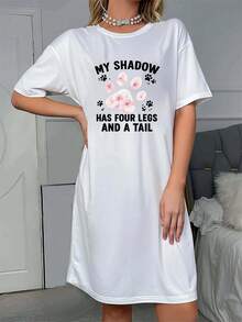 My Shadow Paw Print Pajama Dress - Soft Polyester, Round Neck, Short Sleeves, Black And White, My Shadow Has Four And A Tail Design, Comfortable Home Or Outdoor Wear, A Lovers J3K1 - Màu xám đen - Xem 1