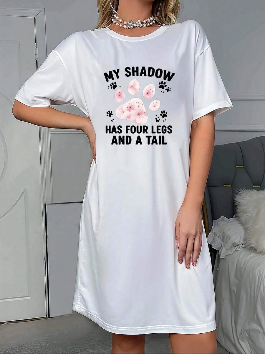 My Shadow Paw Print Pajama Dress - Soft Polyester, Round Neck, Short Sleeves, Black And White, My Shadow Has Four And A Tail Design, Comfortable Home Or Outdoor Wear, A Lovers J3K1 - Màu xám đen - Xem 1