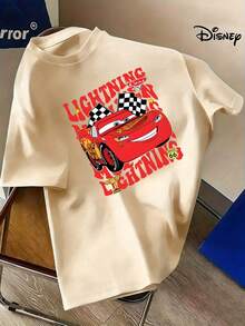 1 Disney Car Lightning McQueen Men's T-Shirt-Breathable Lightweight Fabric, Conventional Cut Round Neck T-Shirt, Suitable For Birthday Parties, Racing Fans-Official Disney Pixar Car Movie Merchandise Gift, Summer Clothing. - 杏色 - 查看 1
