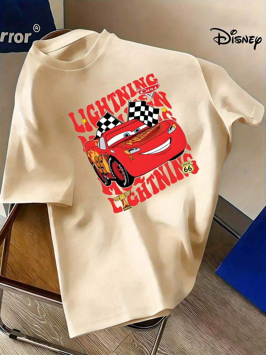 1 Disney Car Lightning McQueen Men's T-Shirt-Breathable Lightweight Fabric, Conventional Cut Round Neck T-Shirt, Suitable For Birthday Parties, Racing Fans-Official Disney Pixar Car Movie Merchandise Gift, Summer Clothing. - 杏色 - 查看 1