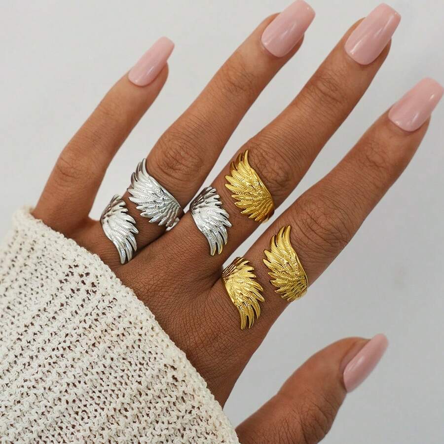3件套欧美风翅膀戒指，高端女士设计，优质珠宝配饰，304不锈钢材质，优雅奢华，是节日礼物和日常搭配的理想之选，适合聚会和派对等场合。 - 彩色 - 查看 1