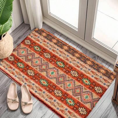 1 قطعة سجادة باب بنمط فينتاج ملونة مطبوعة بنقشات هندسية وزهرية مزخرفة من نسيج صناعي شبيه بالصوف، مناسبة للحمام والمطبخ وغرفة الغسيل والديكور الاحتفالي والمنزلي وديكور الحفلات والأعراس وغرفة الطعام