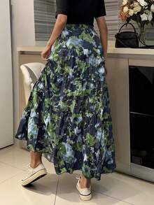 EARO Women's Long Multi-Layer Tie-Dye Print Skirt, Elastic Waist, Fashion Elegant Slimming - Navy Blue - View 2