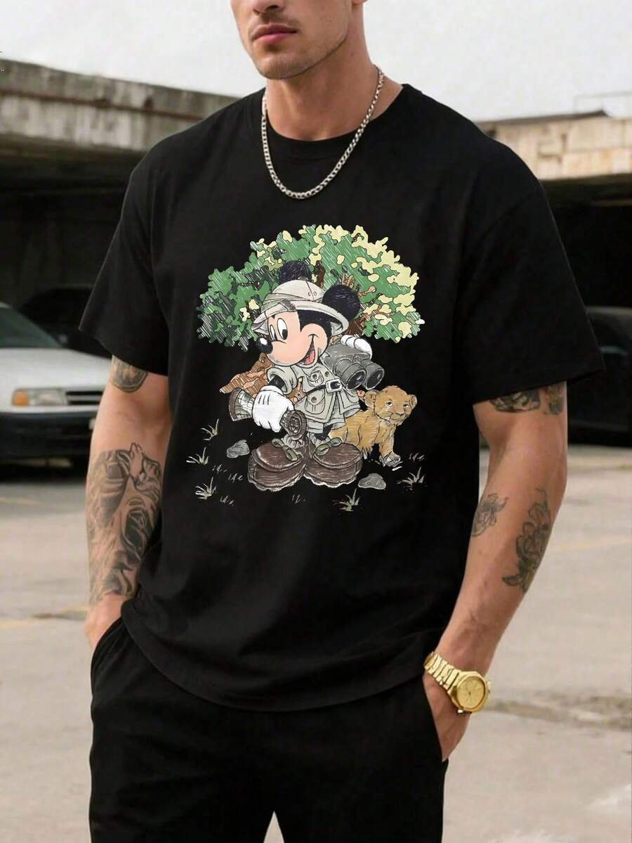 Men's Disney Casual T-Shirt, Mickey Mouse  Adventure Print, Nature Design, Comfortable Soft Fabric, Ideal For Outdoor & Theme Park Wear - 黑色 - 查看 1
