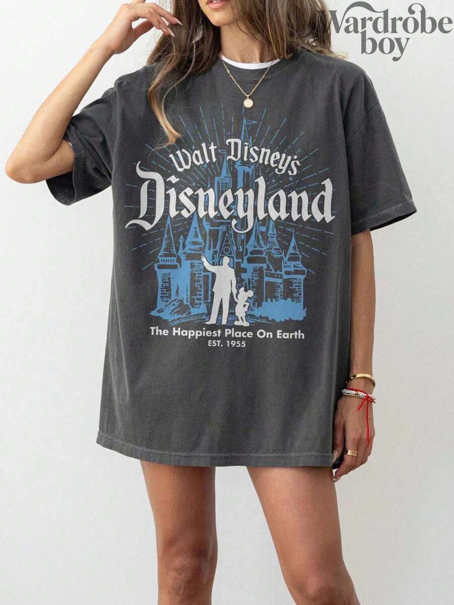 Disney Printed Wash Water T-Shirt,Disneyland 1955 Commemorative T-Shirt, Mickey And Friends T-Shirt, The Happiest Place On Earth T-Shirt, Disneyland Family T-Shirt,Unisex,High-Quality Pure Cotton T-Shirt,Suitable For All Seasons, Comfortable And Breathable| Exquisite Design | The Best Choice For Giving Gifts - 黑色 - 查看 1