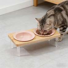 2个草帽造型陶瓷宠物碗，配稳固的亚克力和木质支架，猫狗通用双碗 - 180毫升 - 查看 7