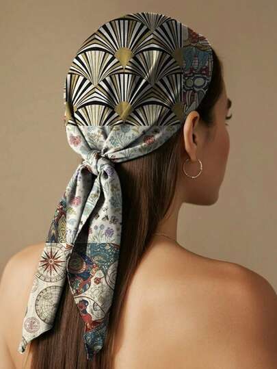 1条复古主题女士方巾，90x90厘米，涤纶面料，单面设计，多种图案可选（装饰艺术、纹章、花卉、航海、世界地标），日常佩戴，可作发带、头巾，时尚配饰，四季皆宜。