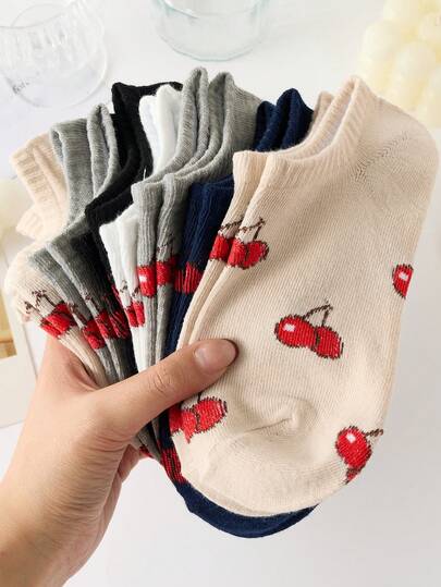 5 Pairs Women's Short Socks, Cute Cartoon Sailor Socks In Cherry Color, Suitable For All Seasons, Random Colors