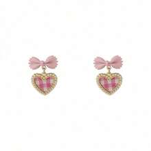 Sweet Checkered Love Bow Earrings, Fashionable And Versatile Imitation Pearl Earrings, Fashionable Jewelry Accessories, Give Her A Gift - 粉色 - 查看 5