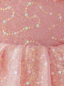 少女圆领蕾丝亮片薄纱优雅奢华钢琴演奏会拖尾礼服，适合婚礼、生日派对、时装秀等场合，不含头饰 - 藕粉色 - 查看 9