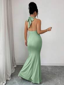 abyoxi 女士鼠尾草绿露背扭结前褶皱修身美人鱼长裙，春夏优雅派对长裙 - 豆綠色 - 查看 2