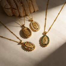 不锈钢镀金椭圆形圣母玛利亚吊坠项链，镶嵌彩色立方氧化锆，适合女性日常佩戴的宗教饰品 - 金色 - 查看 5