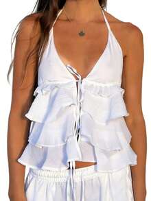 Women's Halter Neck Tops Sleeveless Open Back Layered Ruffle Hem Cami Tops Summer Shirts - White - View 5