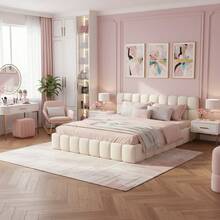 MISNODE Upholstered Bed 140x190, 140/160 X 200 Cm, Double Bed With Slatted Frame, Linen, Youth Bed, Adult Bed, Easy Assembly, Beige, Without Mattress - 米色 - 查看 7
