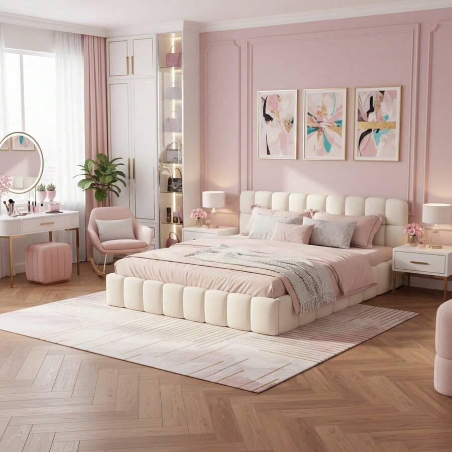 MISNODE Upholstered Bed 140x190, 140/160 X 200 Cm, Double Bed With Slatted Frame, Linen, Youth Bed, Adult Bed, Easy Assembly, Beige, Without Mattress - Beige - View 1