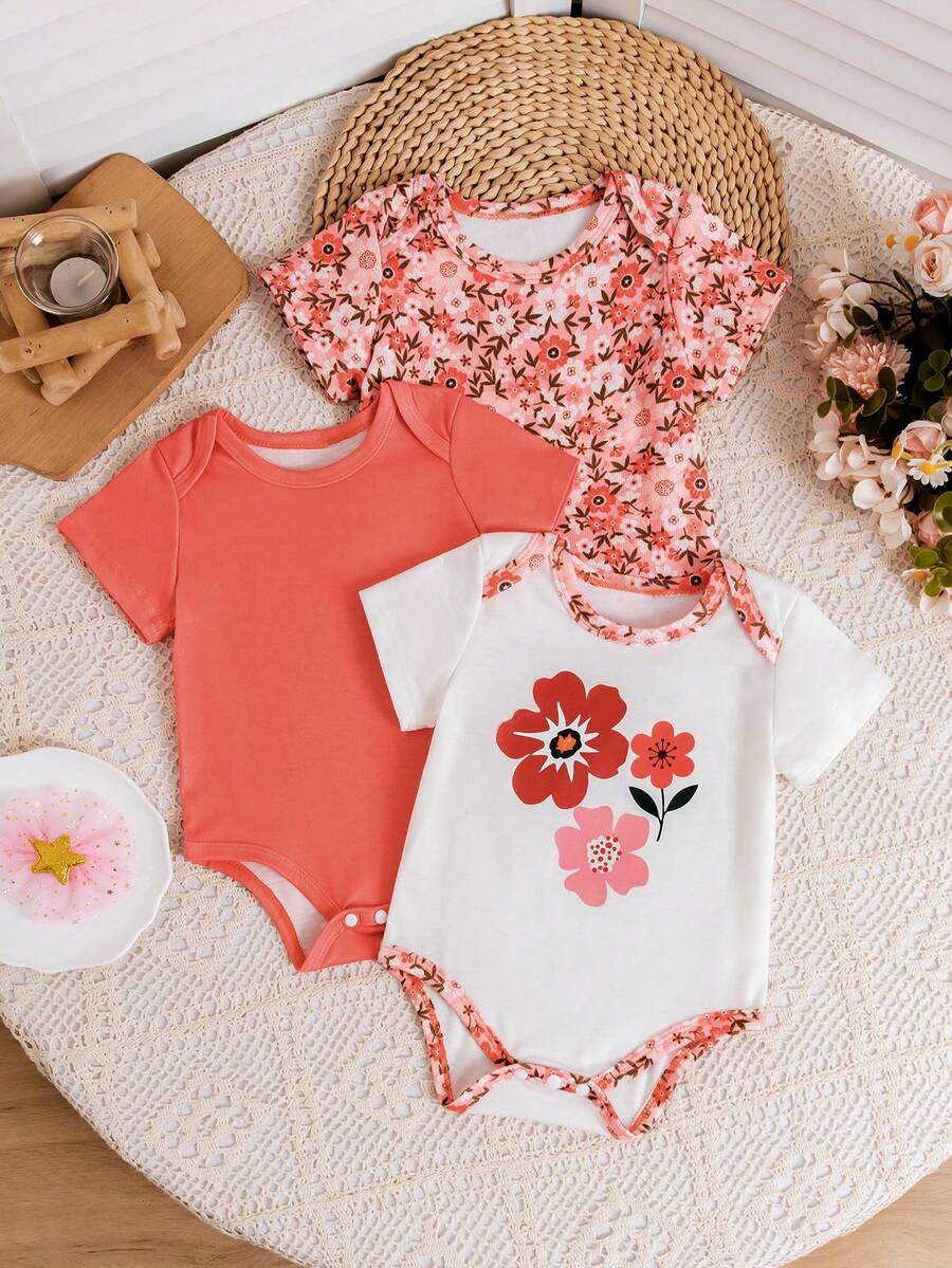 3件套时尚女婴圆领宽松连体衣，新生儿服装 - 彩色 - 查看 1