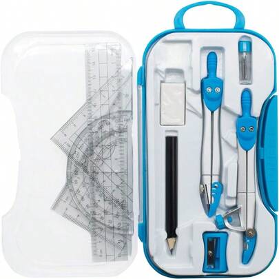 Geometry Set 10 Pcs Student Supplies With Storage Box, Includes 3 PCS Rulers, 2 Types Compasses, Protractor, Pencil, Pencil Sharpener, Eraser And Pencil Lead Drafting And Drawings