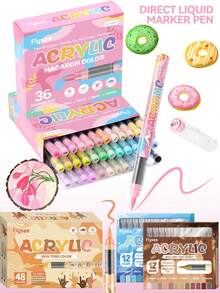 Flysea Acrylic Paint Pens (Set), Soft-Tip Liquid Ink Color Mixing Pens 12/24/36/48/72pcs Gradient Colors, Multiple Color Options Available, Painting & Doodling, Skin Tone & Macaron Color Series, Coloring Set, Professional Art Tools, Back To School Essentials, Perfect For Holiday Gifts, Essential School Supplies - Straight Liquid Acrylic Marker - View 3