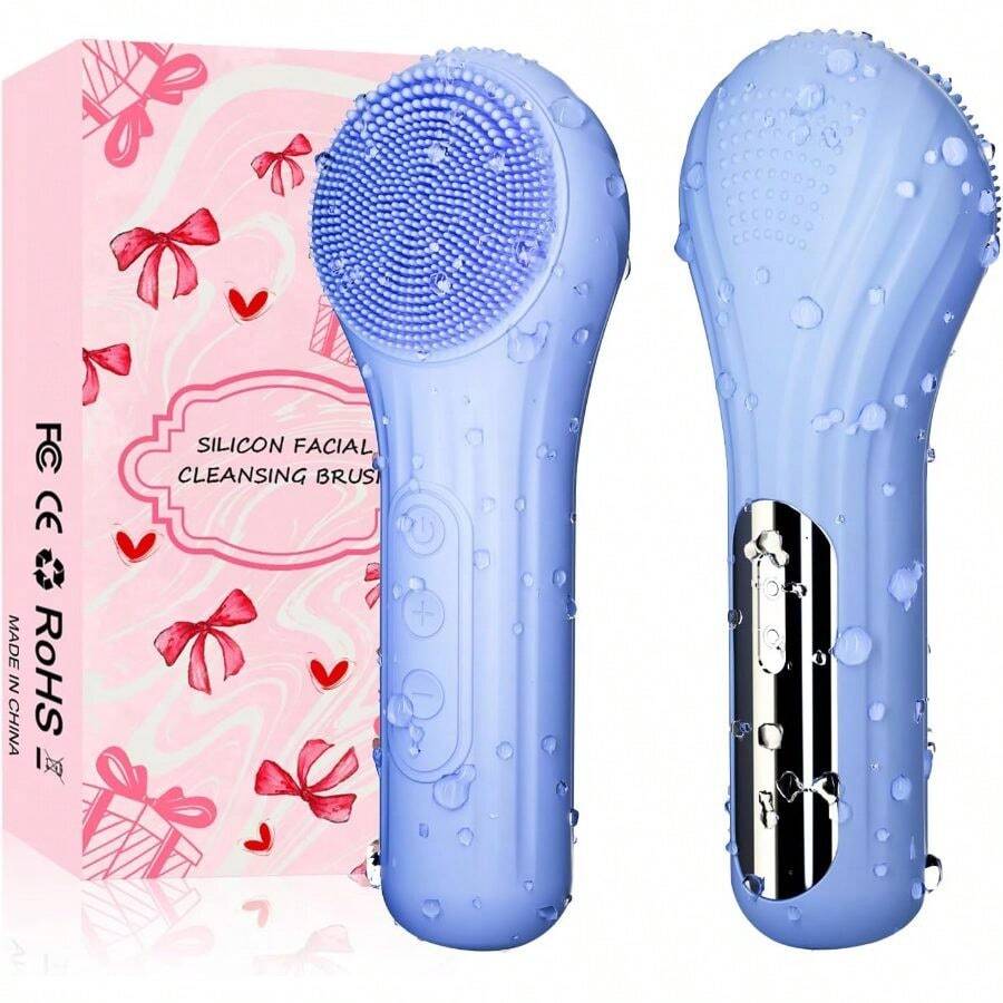 Silicone Face Scrubber, Waterproof Cleansing Brush Men Women, Rechargeable Face Scrubber With 5 Modes For Deep Cleansing, Exfoliating, Massage (Blue) - Rượu sâm banh - Xem 1