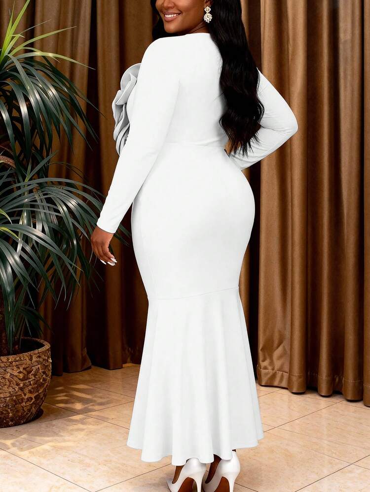 فستان أنيق أبيض مطابق لحجم كبير بتصميم ذيل الحوت مع تطريز زهري ثلاثي الأبعاد وأكمام طويلة، فساتين ماكسي لحضور حفلات الزفاف والسهرات المسائية - أبيض - مشاهدة 3