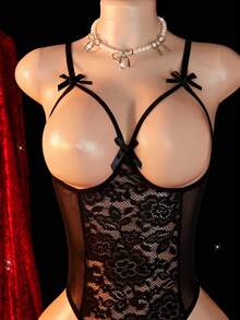 新款性感女士内衣，镂空蝴蝶结前襟，可调节肩带，双钩扣，半透明蕾丝拼接连体衣，泰迪熊睡衣，俏皮女孩风格 - 黑色 - 查看 5