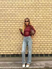 Women's Elegant Casual Fashionable Sexy Mesh Classic Polka Dot Cropped Top - Boat Neck, Front Ruching, Waist Ruching Details, Long Sheer Sleeves - Burgundy - View 2