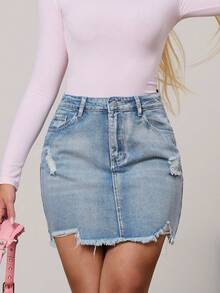 女式休闲做旧磨边牛仔迷你裙，夏季 - 藍色 - 查看 1