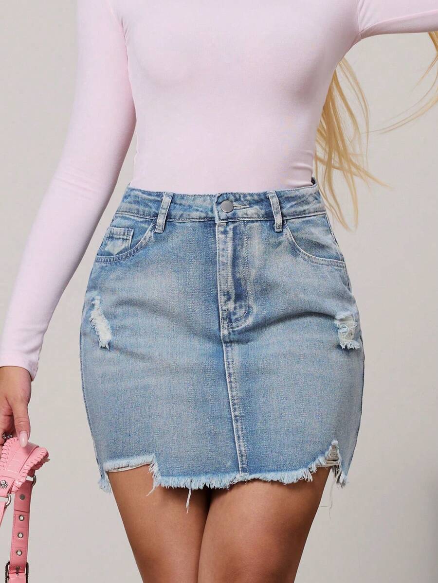 女式休闲做旧磨边牛仔迷你裙，夏季 - 藍色 - 查看 1