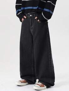 1pc Justice Brother Casual Personalized Print Black Denim Jeans, Loose Wide Leg Pants, Fashion High Street Versatile Black Trousers (Belt And Accessories Not Included) - Black - View 6