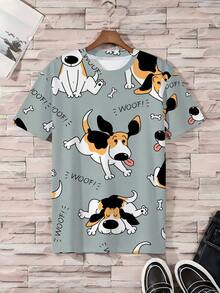 加大码男士睡衣套装 | 圆领短袖上衣搭配松紧腰休闲短裤两件套 | 涤纶针织面料，柔软透气，宽松版型 | 可爱小狗印花休闲设计 - 彩色 - 查看 2