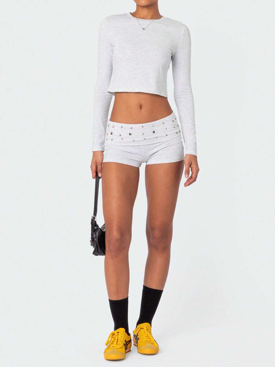 Women Y2K Studded Foldover Micro Shorts Vintage Low Waist Slim Fit Mini Shorts Boxer Short Party Clubwear - 灰色 - 查看 1