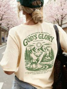 Camiseta Holgada de Fe Cristiana para Mujer, Cuello Redondo Cómodo con Estampado de Ciervo y la Frase "Gloria de Dios" y el Salmo 42:1, Estilo Casual - Albaricoque - Ver 5