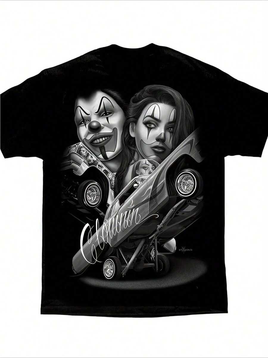 Halloween T-Shirt - Straight Clowning Payasa Lowrider Chola D Gonzales DGA Homies Art T Shirt Comfortable Cotton Men'S Round Neck Short Sleeves T-Shirt 180g - 黑色 - 查看 1