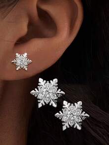 1对S925纯银甜美清新雪花耳钉，女士时尚锆石镶嵌耳环，小巧优雅耳环，节日礼物 - 雪花 - 查看 2