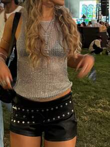 Joy Knit 女士春夏新款时尚单品 - 夏季假日 - 春季女装 - 简约休闲百搭女式衬衫 - 情人节 - 镂空闪亮金线透视短款圆领无袖针织上衣，适合休闲外出和海滩度假穿着 - 銀色 - 查看 7