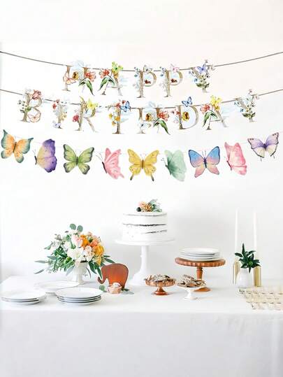 Floral & Butterfly Happy Birthday Banner, Boho Style Flower And Butterfly Birthday Sign, Wild Flower Garden Party Decor Suitable For 16th, 21st, 30th, 40th, 50th, 60th, 70th Birthday Party, Paper Rustic Wildflower Party Birthday Banner, Butterfly Happy Birthday Banner, Floral Party Decor For Ladies Garden Tea Party