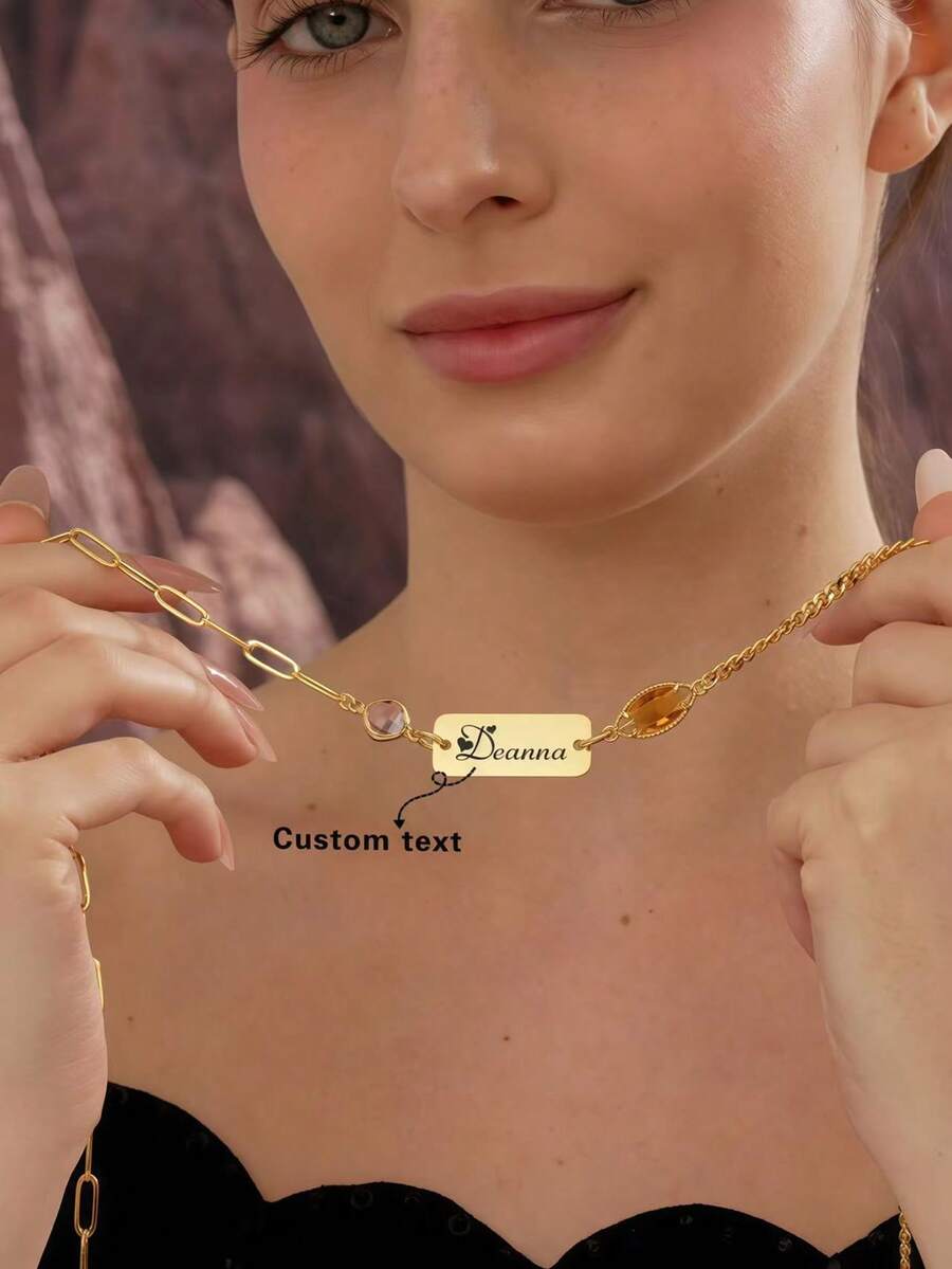 Customized Minimalist Fashion Personalized Small Nameplate Rhinestone Pendant Laser Engraved English Letter Name Customized Necklace - Multicolor - View 1