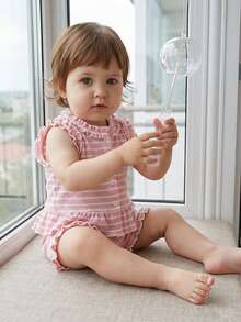 2Pcs Baby Girl Summer Outfits Sleeveless Stripes Print Ruffle Tops + Shorts Set Toddler Clothes - Hồng - Xem 7