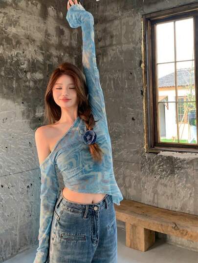 复古美式扎染露肩长袖T恤，不对称下摆修身罩衫，女士春季款