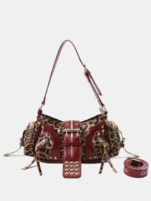 New Retro Chic Leopard Print Underarm Bag, High-End Y2K Punk Rivet Motorcycle Commuter Versatile Shoulder Handbag - Multicolor - View 11