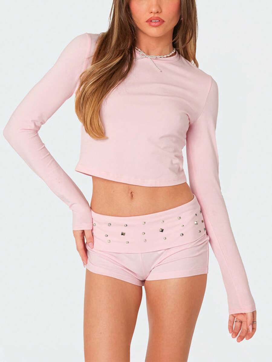 Women Y2K Studded Foldover Mini Shorts Vintage Low Waist Slim Fit Micro Shorts Going Out Party Wear - Hồng - Xem 1