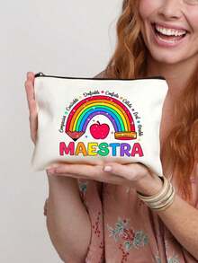 Mehrfarbige Maestra Buchstaben & Regenbogen Apfel Muster Kosmetiktasche, süße Tasche mit großer Kapazität, tägliche Toilettenartikel Make-up Tasche, multifunktionale Aufbewahrungstasche, leichte Reise-Handtasche, exquisites Geschenk, Reise-Souvenir für Freunde, unverzichtbare Reise-Aufbewahrungstasche, geeignet für Arbeit, Rückkehr zur Schule, Reisen, Picknick, Camping, Outdoor-Abenteuer, Valentinstag Geschenk - Verschiedenfarbig - Übersicht 4