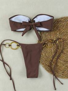 Bộ bikini quây ngực phong cách American Baddie Style màu cà phê đậm, trang trí vòng kim loại, thích hợp cho các hoạt động thường ngày ở bãi biển, kỳ nghỉ hoặc tiệc tùng, mùa xuân/hè. - Màu Khaki - Xem 3