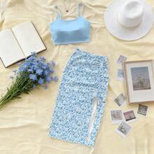 女士两件套休闲波西米亚风碎花系带开衩下摆沙滩度假套装 - 淺藍色 - 查看 2