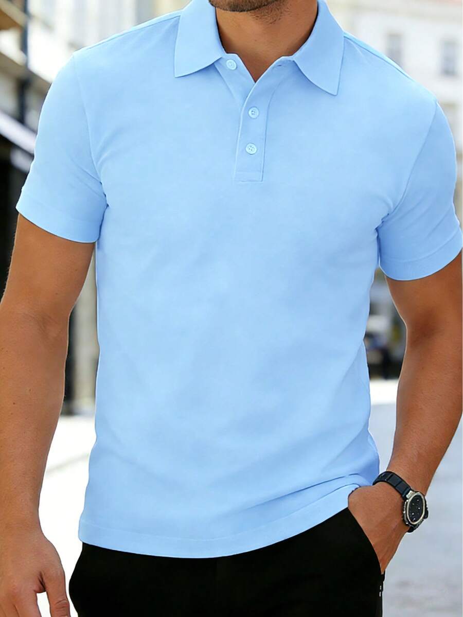 Men's Casual Polo Shirt, Short Sleeve, Collared, Comfortable, Versatile, Suitable For Business, Gatherings, Parties, Spring/Summer Sports - Baby Blue - View 1